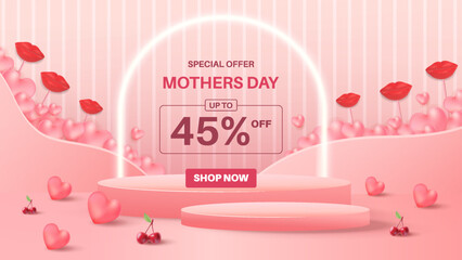 Mothers Day Sale Advertisement With Red Hearts And Discount Offer