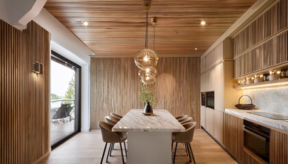 kitchen features an island with a marble countertop wall panels in light wood and ceiling paneling the space is illuminated by pendant lights above the table creating a warm atmosphere