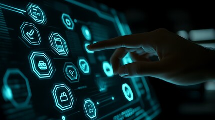 A professionala??s hand touching a digital interface showcasing hexagonal icons for customer service, with a finger pointing at a phone outline on a dark backdrop