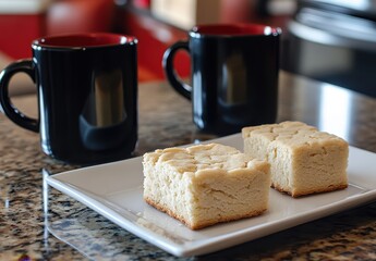Delicious freshly baked squares served on a white plate alongside two steaming black coffee mugs on a granite countertop in a cozy kitchen setting