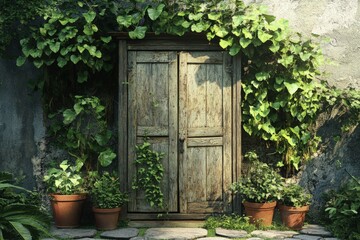 Rustic wooden door framed by lush greenery.