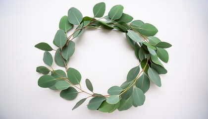 wreath frame made of branches eucalyptus and leaves isolated on white background flat lay top view
