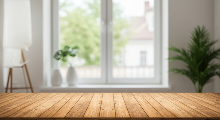 Wooden Tabletop Surface with Blurry Room Background for Product Display Mockup