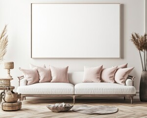 Serene Minimalist Living Room with White Sofa and Blush Pink Pillows