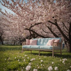 A pastel sofa in a blooming sakura park.