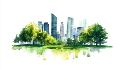 Obraz premium Serene Watercolor Cityscape with Lush Green Trees