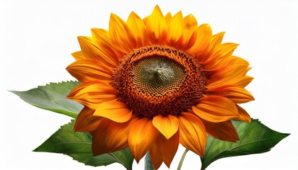 Naklejka premium isolated photo of sunflower with orange petals and green leaves
