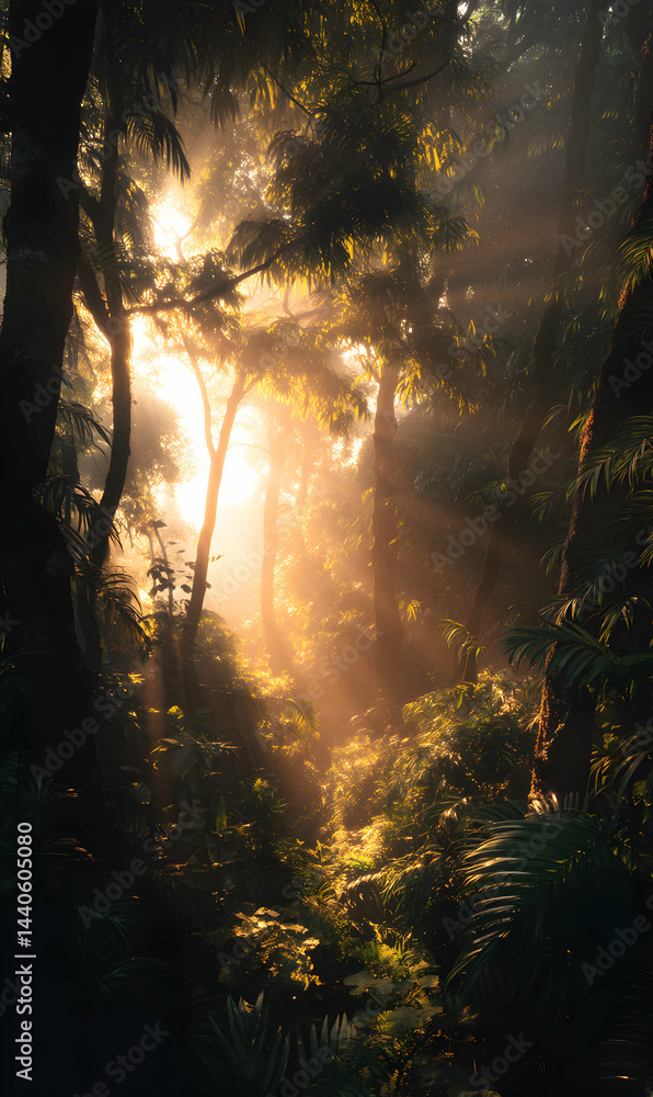 Aufkleber sunlight beams through the lush canopy of trees creating a surreal forest experience in nature
