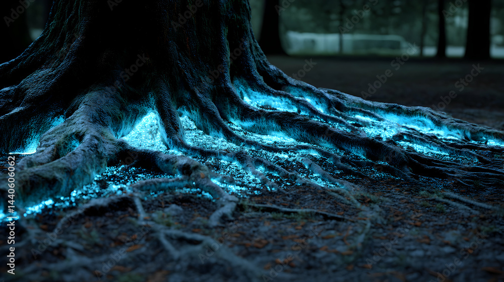 Aufkleber mystical tree roots illuminated with a bioluminescent glow creating a surreal natural scene