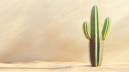 Tall Green Cactus Standing Alone on Sandy Desert Background