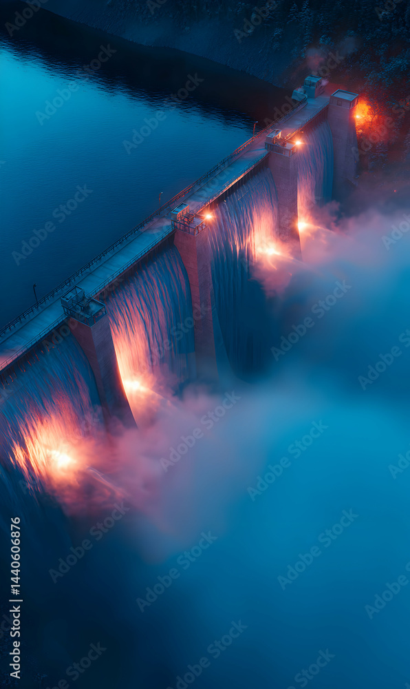 Poster illuminated dam cascade in the twilight hours a captivating depiction of power and serenity combined