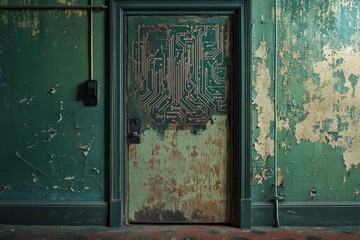 Vintage circuit door in distressed green room ambiance