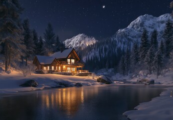 Fototapeta premium Snowy Mountain Cabin Night Scene Warm Lights Reflecting on River