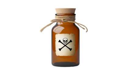 Amber Glass Bottle with Cork Stopper and Danger Symbol Featuring Skull and Crossbones on Transparent Background