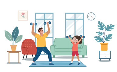 Dad and daughter doing exercises with dumbbells workout at home.