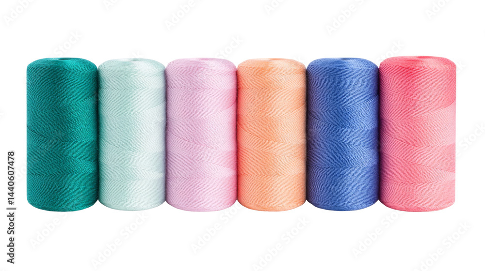 Aufkleber colorful spools of thread in various shades arranged in a row on transparent background