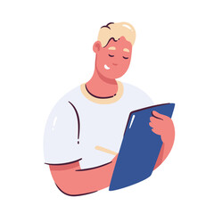 Blonde young man in white t-shirt writing on blue clipboard, looking down with focused expression. Flat cartoon doodle style. Vector illustration for education, notes, study, or office tasks.