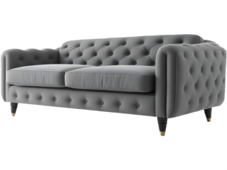 Elegant gray tufted sofa with button detailing and dark wood legs. Perfect for adding a touch of sophistication to any living room.