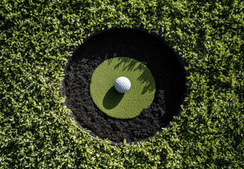 Golf ball resting in center of putting green surrounded by lush grass, creating serene and focused atmosphere