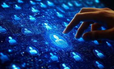 Hand touching social media icons on a digital screen, 