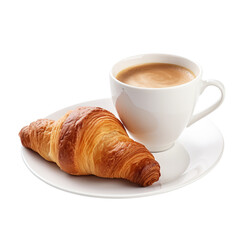 Cup of coffee and croissant isolated on transparent white background, clipping path, pen tool