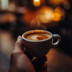 Hand holding a steaming cup of coffee