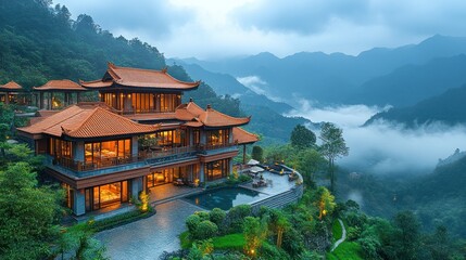 Obraz premium Luxurious Asian Villa with Mountain Views