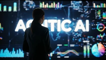 Adult woman in business suit views large screen displaying Agentic AI text and data visualizations, technology concept. - Powered by Adobe