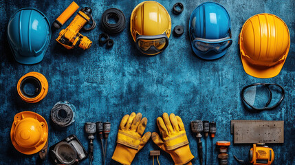 top-down view of safety gear including helmet, gloves, and goggles on site floor