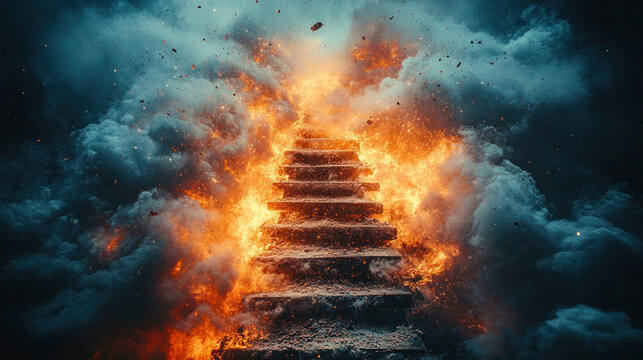 unsafe ladder causing fall accident, tools flying in dramatic composition