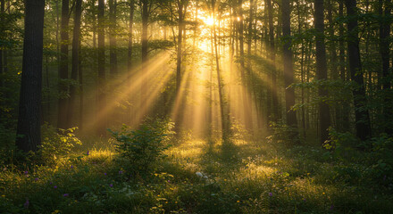 Sunlight Breaks Through Forest Canopy Illuminating a Tranquil Woodland Scene