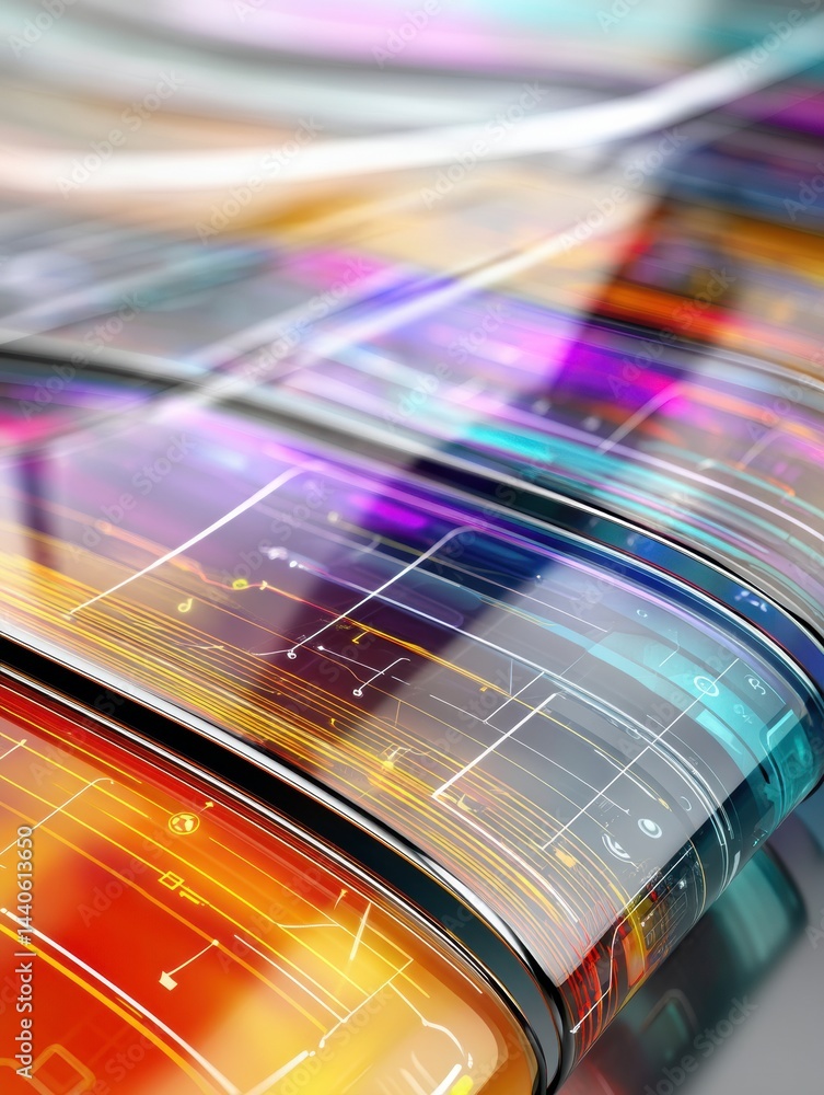 Poster flexible oled screen demonstrates sleek ui design in vibrant colors and curves while bending effortl