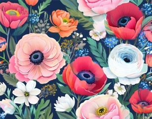 painterly floral print with peonies ranunculus anemones and poppies watercolor technique