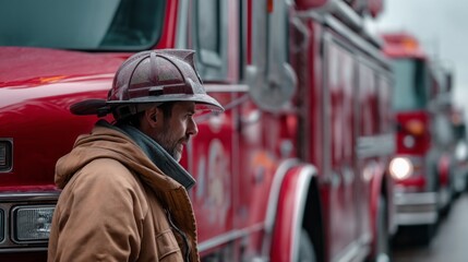 Obraz premium Brave firefighter clad in protective gear stands confidently in front of bright red fire trucks. The atmosphere is tense and urban, reflecting dedication and readiness for emergencies