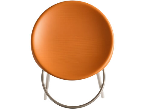 Overhead view of a round orange stool with a simple silver base.  Modern and minimalist design.