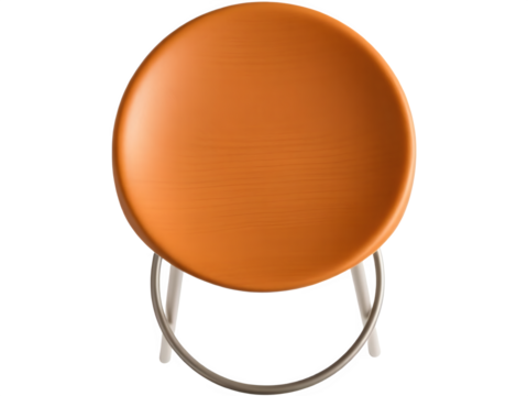 Overhead view of a round orange stool with a simple silver base.  Modern and minimalist design.