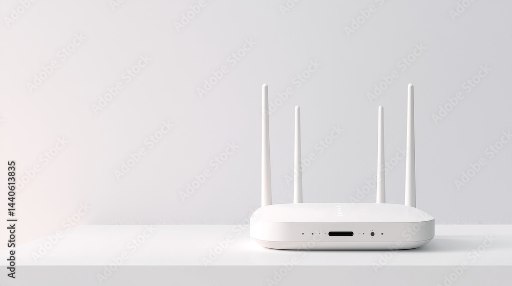 Poster sleek white wireless router with multiple antennas on a minimalist table in indoor setting