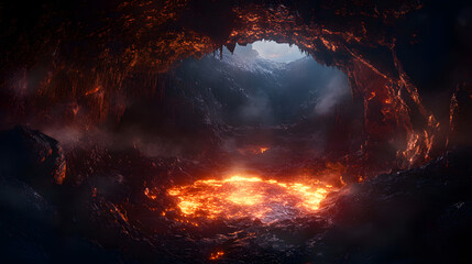 Fototapeta premium A vast cavern with glowing molten lava pools, casting a fiery light and reflecting off the surrounding jagged rocks.