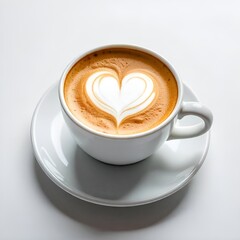Heart Latte Art in Cappuccino – Aesthetic Coffee Cup on Bright Morning Table.