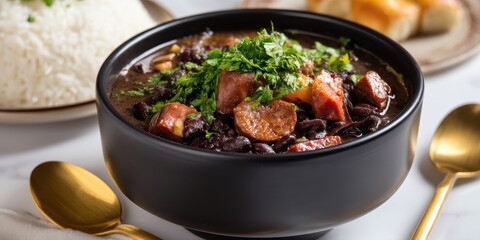 Fototapeta premium Traditional Brazilian Feijoada Served in Modern Black Bowl