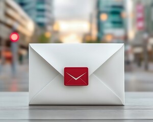 White envelope with a red seal on a table, cityscape blurs in the background