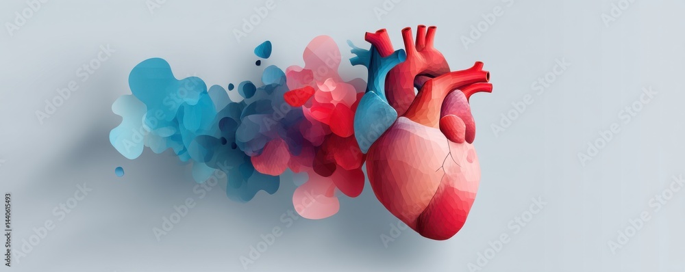Poster artistic 3d rendering of a human heart with colorful representation of blood circulation through art