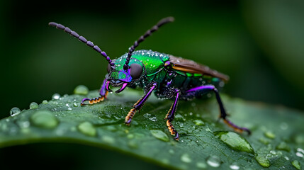 Fototapeta premium A vibrant green and purple exotic insect from the rainforest perched on a leaf with dew drops.