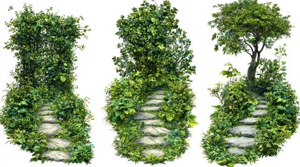 Fototapeta premium Set of forest pathways surrounded by thick, green trees and lush undergrowth on white background.