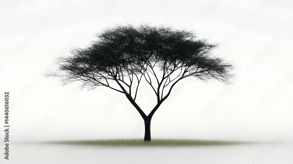 Poster silhouette of a single acacia tree stands alone in a misty field. the minimalist composition emphasi