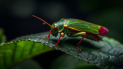 Naklejka premium A vibrant green rainforest leafhopper with red and yellow markings, perched on a tropical plant.