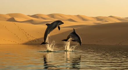 Fototapeta premium Two Dolphins Jumping in Desert Oasis at Sunset