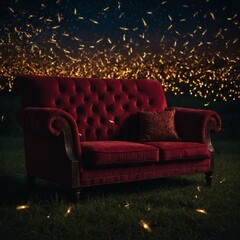 A dark crimson sofa surrounded by dazzling fireflies at night.