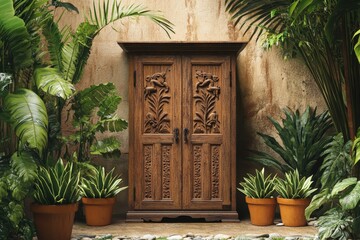 Obraz premium Ornate wooden cabinet in a tropical garden setting.