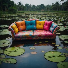 A colorful hand-painted sofa floating on lotus ponds.